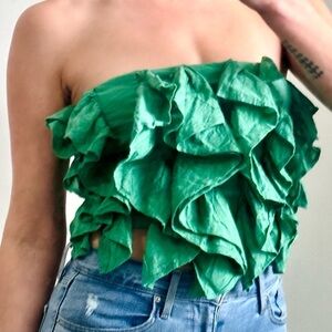 Anthropologie Emerald Green Ruffled Strapless Crop Top
